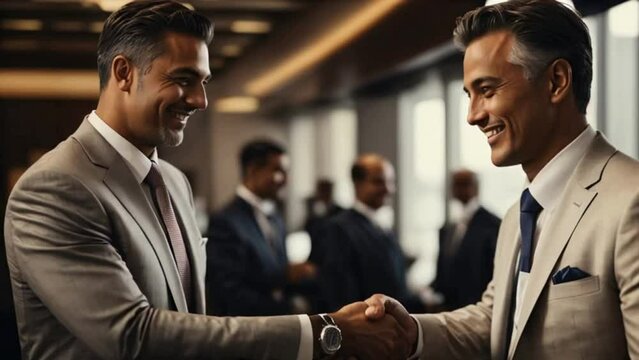 Two businessmen wearing suits smiling and shaking hands after making a deal