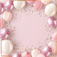 background, birthday party, balloons, pastel pink color, a little gold color