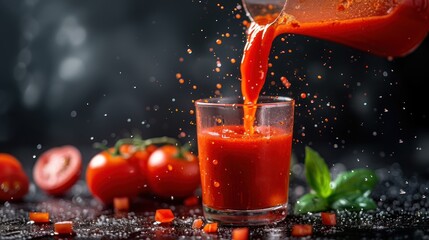 Fresh tomato juice in a glass with splashes on a dark background