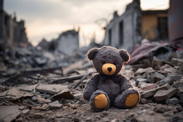 Soft toy plush bear sitting on broken bricks, stones and debris, in the background there are burnt , broken and destroyed houses and buildings - obrazy, fototapety, plakaty
