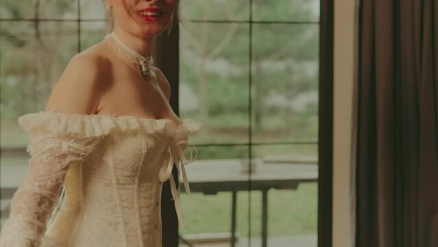Happy sexy woman dancing spinning in classic room fun joy joyful smiling face. Fairy tale bride adult girl beauty back rear view. royal home white vintage dress long evening ball gown old style party