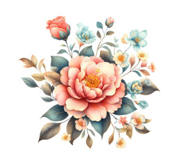 Spring pink vignette; border with pinl flowers roses; camellia. Watercolor illustration isolated on transparent background - 753718515