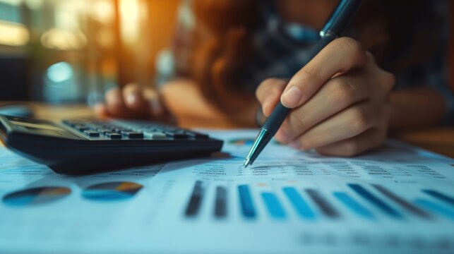 woman hand working with finances about cost and calculator on table in office