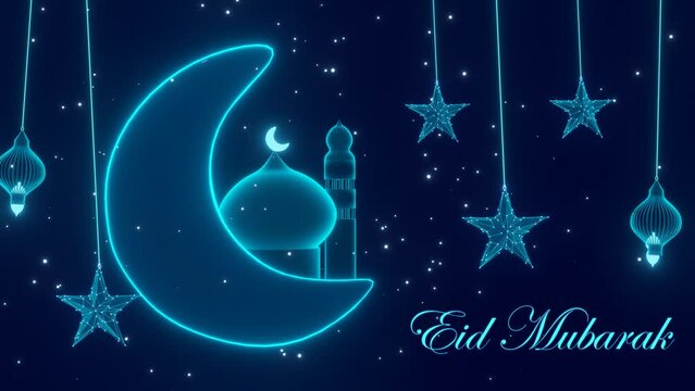 EID MUBARAK 4K LOOP ANIMATION VIDEO WITH ISLAMIC BACKGROUND. CRESCENT MOON, SATARS, MOSQUE, LANTERNS, GLOWING PARTICLES.