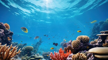 Sunlit coral reef bustling with tropical fish