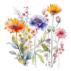 Watercolor wildflowers wallpaper design illustration and isolated white background. Generative ai
