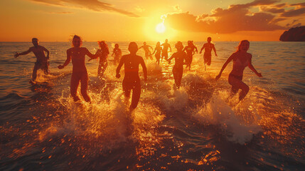 Fototapeta premium Silhouettes of young group of people jumping in ocean at sunset.