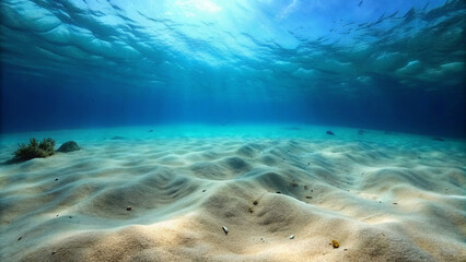 Seabed sand with blue tropical ocean above, empty underwater world , ONLY SAND.Underwater world: sandy bottom of the tropical ocean.Bright colors of the underwater world: photos of the sandy bottom.Th