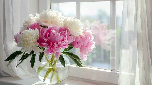 Pink and white peonies flowers in a vase on the windowsill with sunbeams