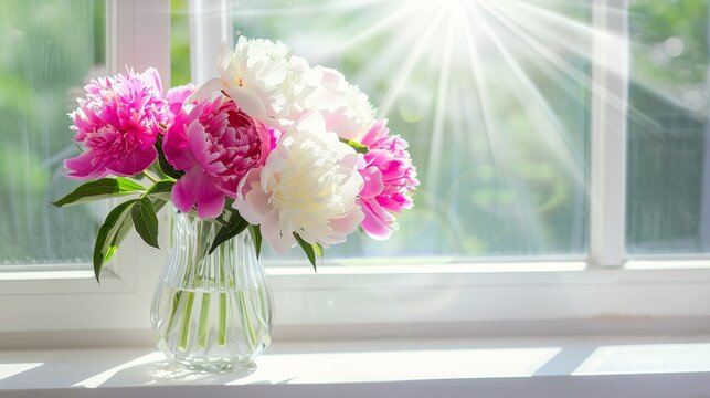 Pink and white peonies flowers in a vase on the windowsill with sunbeams