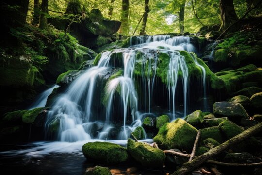 A waterfall in a tropical forest, Beautiful waterfall in the forest, long exposure photo with shallow depth of field, waterfall in the forest, Ai generated