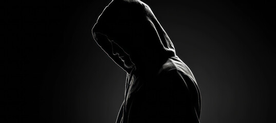 A silhouette of a person in a hoodie is presented against a dark background, showcasing boldly black and white aesthetics and social and political commentary.