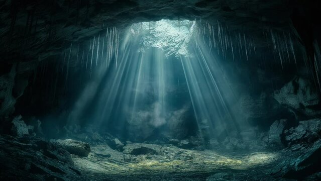 Sunlight filtering into the cave, illuminating the mysterious depths. Enigmatic beauty of light and shadow. Seamless looping 4k timelapse virtual video animation background generated AI 