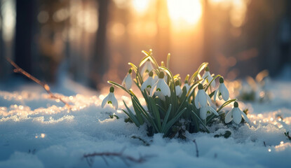 White snowdrops are seen blooming in the snow near the forest, showcasing whimsical floral scenes, realistic still lifes with dramatic lighting, eco-friendly craftsmanship, and low-angle shots.