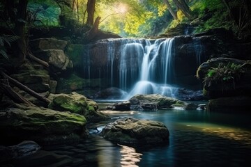 Obraz premium Beautiful waterfall in the forest, long exposure photo with shallow depth of field, waterfall in the forest, tropical landscape in the jungle, Ai generated