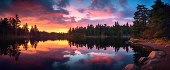 Magical gradient lake reflecting the colors of the setting sun, offering the cutest and most beautiful waterside view.