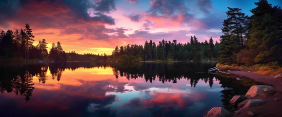 Photo sur Plexiglas Réflexion Magical gradient lake reflecting the colors of the setting sun, offering the cutest and most beautiful waterside view.