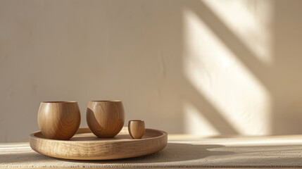 Wooden cups are placed on a wooden platter, showcasing minimal abstraction, warm tones, rim light, and a matte background.