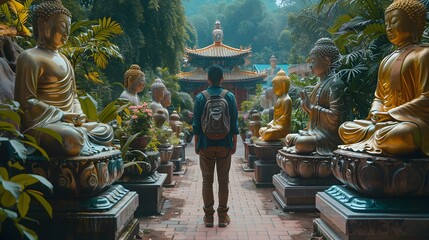 Person Walking Past Buddha Statues in a Temple - obrazy, fototapety, plakaty