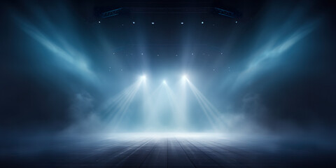 Stage with scenic lights presentation mockup with smoke background. Blue hues event spotlight backdrop - obrazy, fototapety, plakaty
