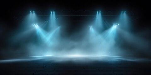 Stage with scenic lights presentation mockup with smoke background. Blue hues event spotlight backdrop