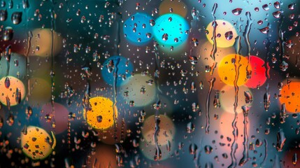 : Rain drops on a window, in the style of colorful cityscape 