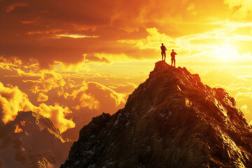 Two people are seen on top of a mountain in a success timelapse, showcasing realistic and hyper-detailed ings, bold gestures, and colors of orange and bronze. - obrazy, fototapety, plakaty