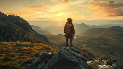 Fototapeta premium Woman Silhouetted at Sunset Standing on Top of a Mountain