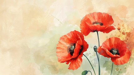 Watercolor red poppy flowers on light pastel background