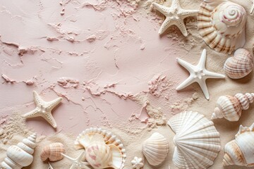 Starfish and shells can be seen on sand, showcasing minimalist backgrounds and colors of light pink...