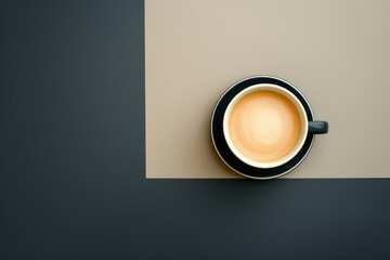 A top view of a coffee cup is presented on a dark and light grey background, showcasing color field...