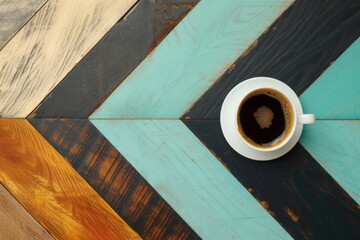 A top view of a coffee cup, isolated on two pieces of board, is presented, showcasing bold geometric minimalism and contrasting backgrounds.