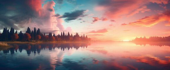 Magical gradient lake reflecting the colors of the setting sun, offering the cutest and most...