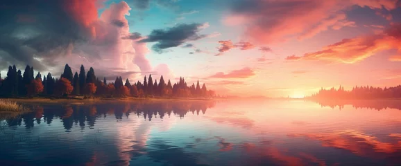 Papier Peint photo Lavable Réflexion Magical gradient lake reflecting the colors of the setting sun, offering the cutest and most beautiful waterside view.