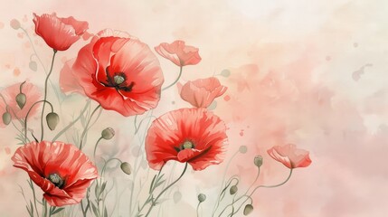 Watercolor red poppy flowers on light pastel background