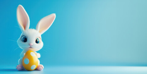 Obraz premium 3D cute easter bunny with easter egg on a blue background with copy space. 3d cartoon banner for sales and marketing