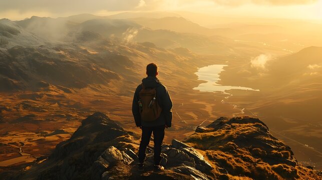 Man Standing on Top of a Mountain Watching Sunset in the Style of Scottish Landscapes
