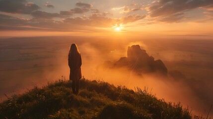 Woman Enjoying Sunrise View Over Foggy Mountain - obrazy, fototapety, plakaty