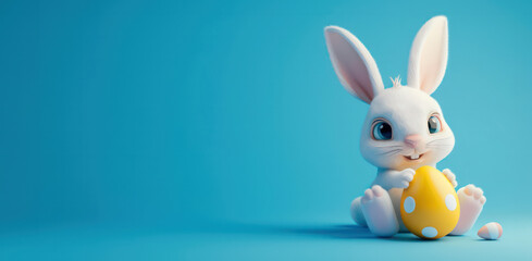 Fototapeta premium 3D cute easter bunny with easter egg on a blue background with copy space. 3d cartoon banner for sales and marketing