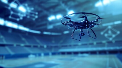 Small sports drone flying on sports arena