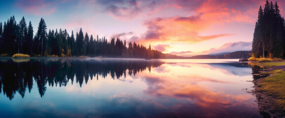 Magical gradient lake reflecting the colors of the setting sun, offering the cutest and most beautiful waterside view. - obrazy, fototapety, plakaty