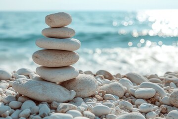 Stacked pebbles are presented on the beach near the ocean, showcasing zen-inspired aesthetics, monumental forms, and colors of light white and light azure.