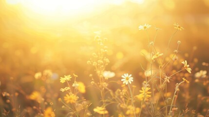 Fototapeta premium soft focus sunset field landscape of yellow flowers and grass meadow warm during golden hour
