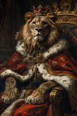 Crowned lion sitting on a throne, dressed like a king, anthropomorphic furry character