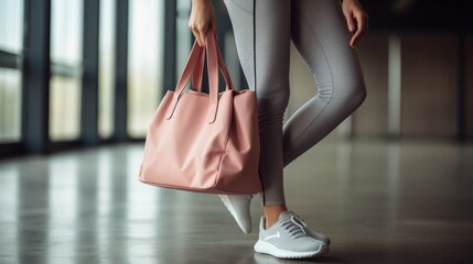 Fototapeta premium Sporty woman in sportswear with gym bag