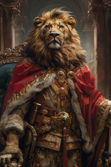 King lion in the style of a renaissance painting, anthropomorphic character, furry character