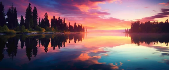 Crédence de cuisine en verre imprimé Réflexion Magical gradient lake reflecting the colors of the setting sun, offering the cutest and most beautiful waterside view.