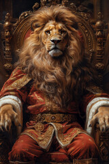 Royal king lion sitting on a throne, anthropomorphic furry character