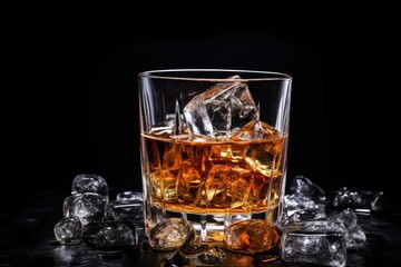 Whiskey on the rocks with ice cubes on a black background, glass of whiskey with ice cubes on plain background, A glass of Scotch whiskey with ice in a rustic style. Whiskey on the rocks, Ai generated