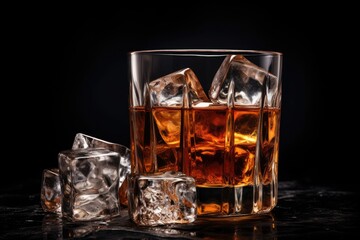 Whiskey on the rocks with ice cubes on a black background, glass of whiskey with ice cubes on plain background, A glass of Scotch whiskey with ice in a rustic style. Whiskey on the rocks, Ai generated
